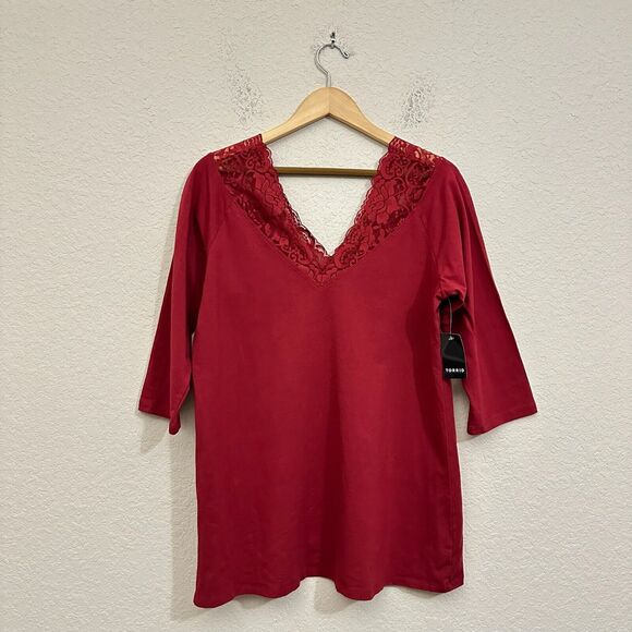 NWT TORRID Dark Red Lace-Trim V-Neck Foxy Tee - Picture 1 of 9